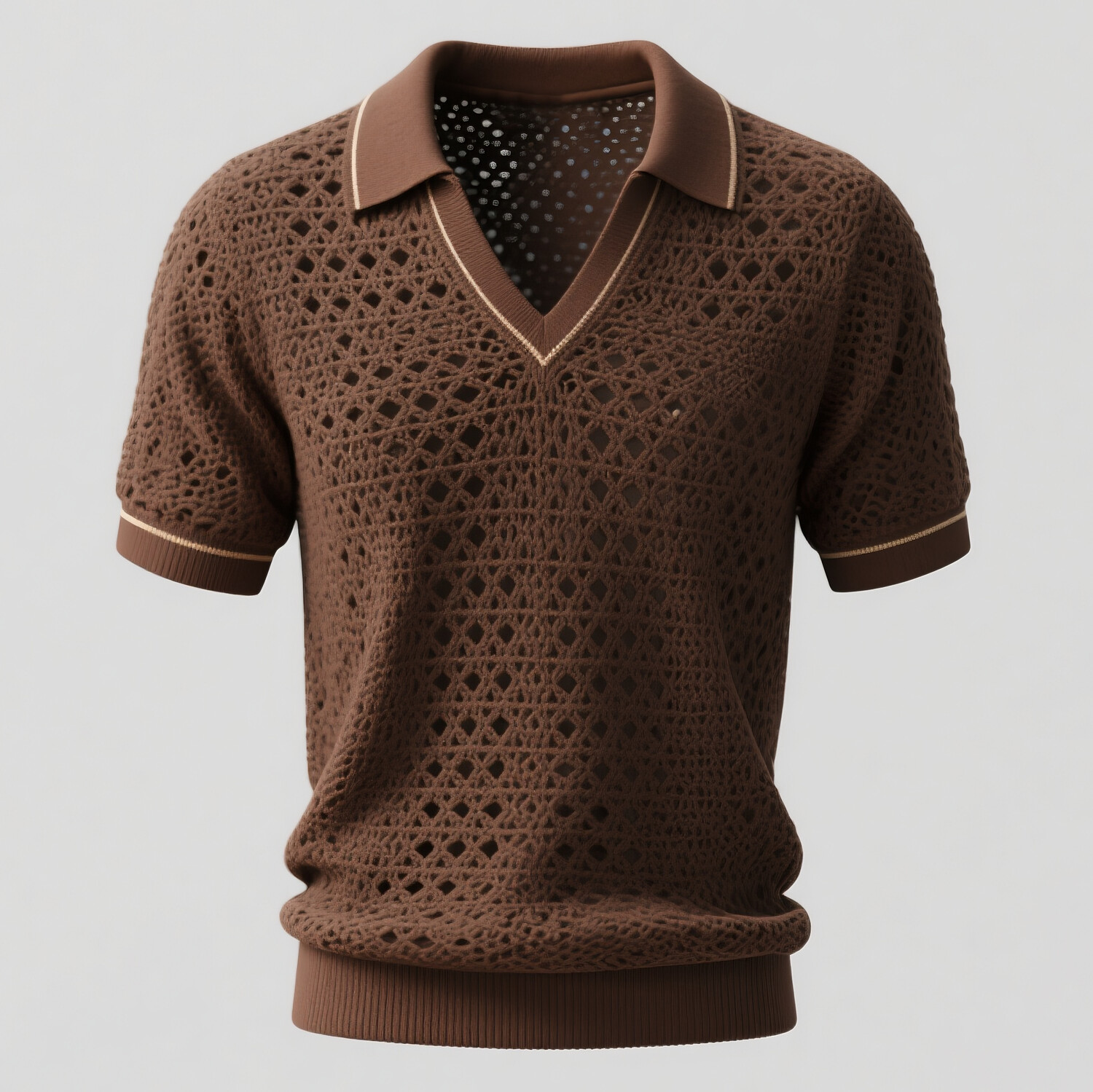 Men's Crochet Hollow Out Stripe Turndown Collar Short Sleeve Shirt