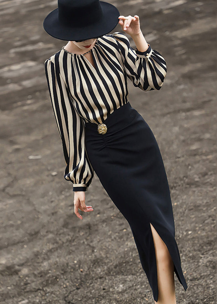 VCSHOES Striped Side Open Patchwork Cotton Long Dress Fall