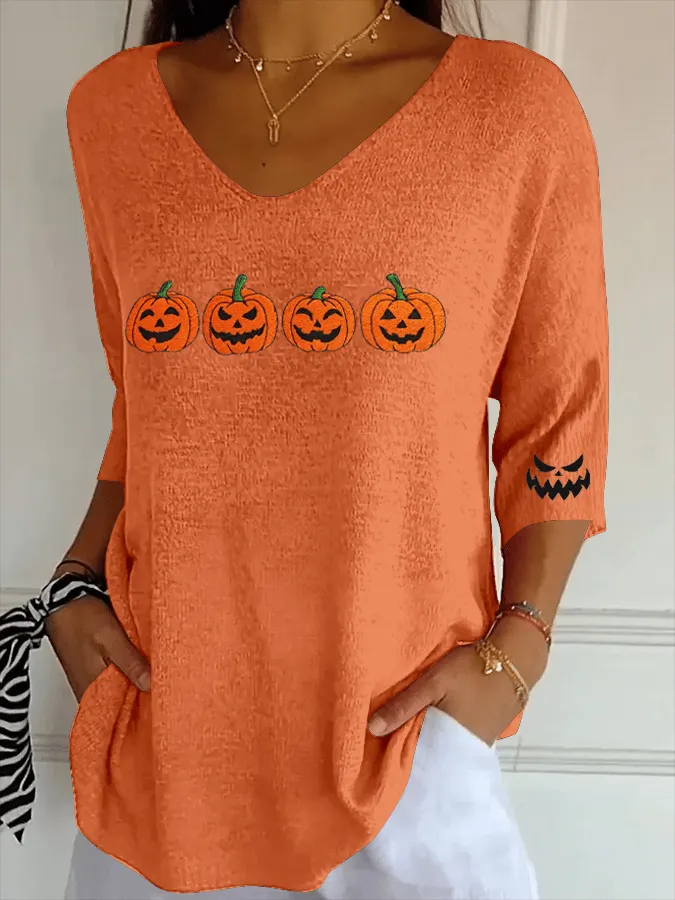Women's Ghost Face Pumpkin Print Ribbed Fabric Casual V-Neck T-Shirt 