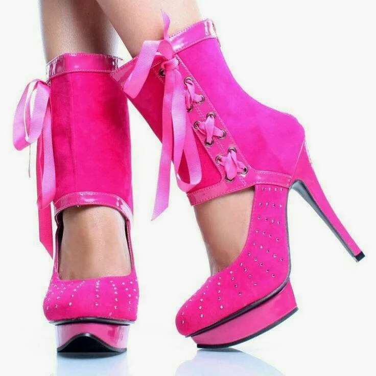 Pink Ankle Wrapped Rhinestone Platform Suede Stiletto Heels Pumps |FSJ Shoes