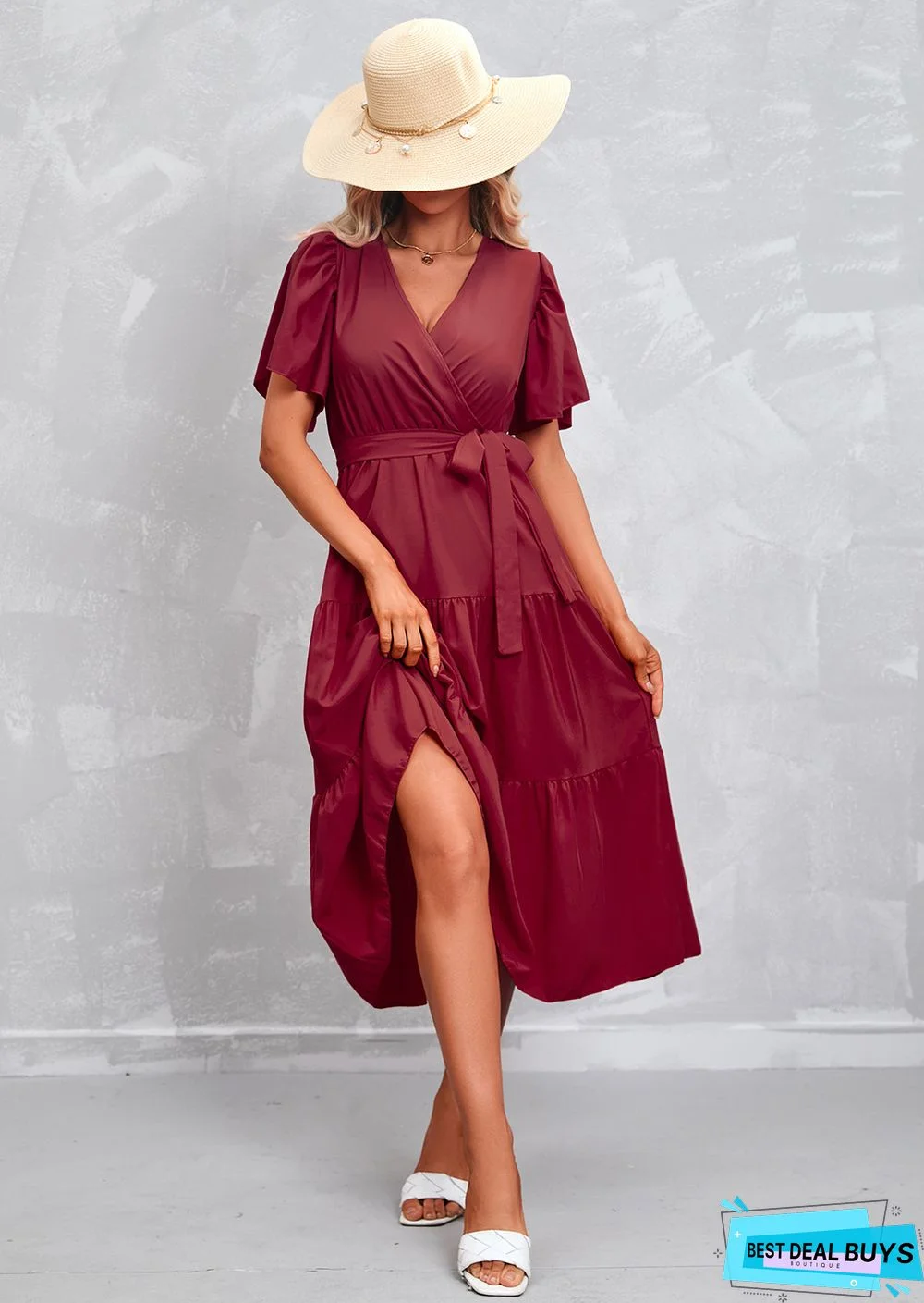 Women's Solid Color V-neck Short Sleeve Dress