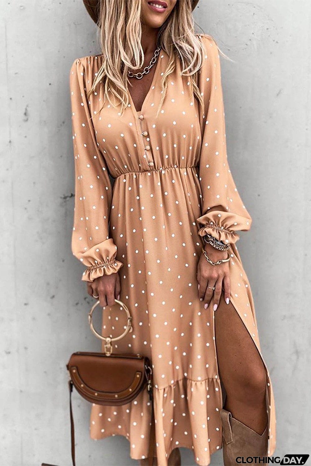 Apricot Button Polka Dot High Slit Ruffled Long Sleeve Midi Dress