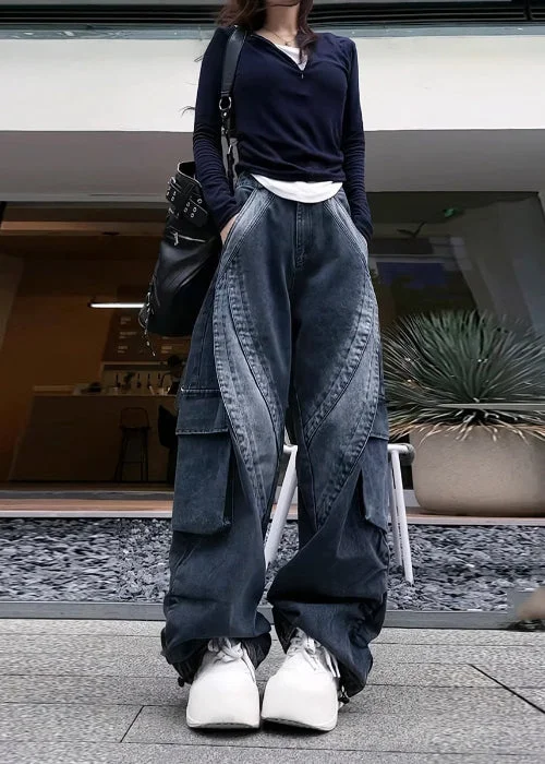 Classy Black Oversized With Pockets Denim Pants Spring
