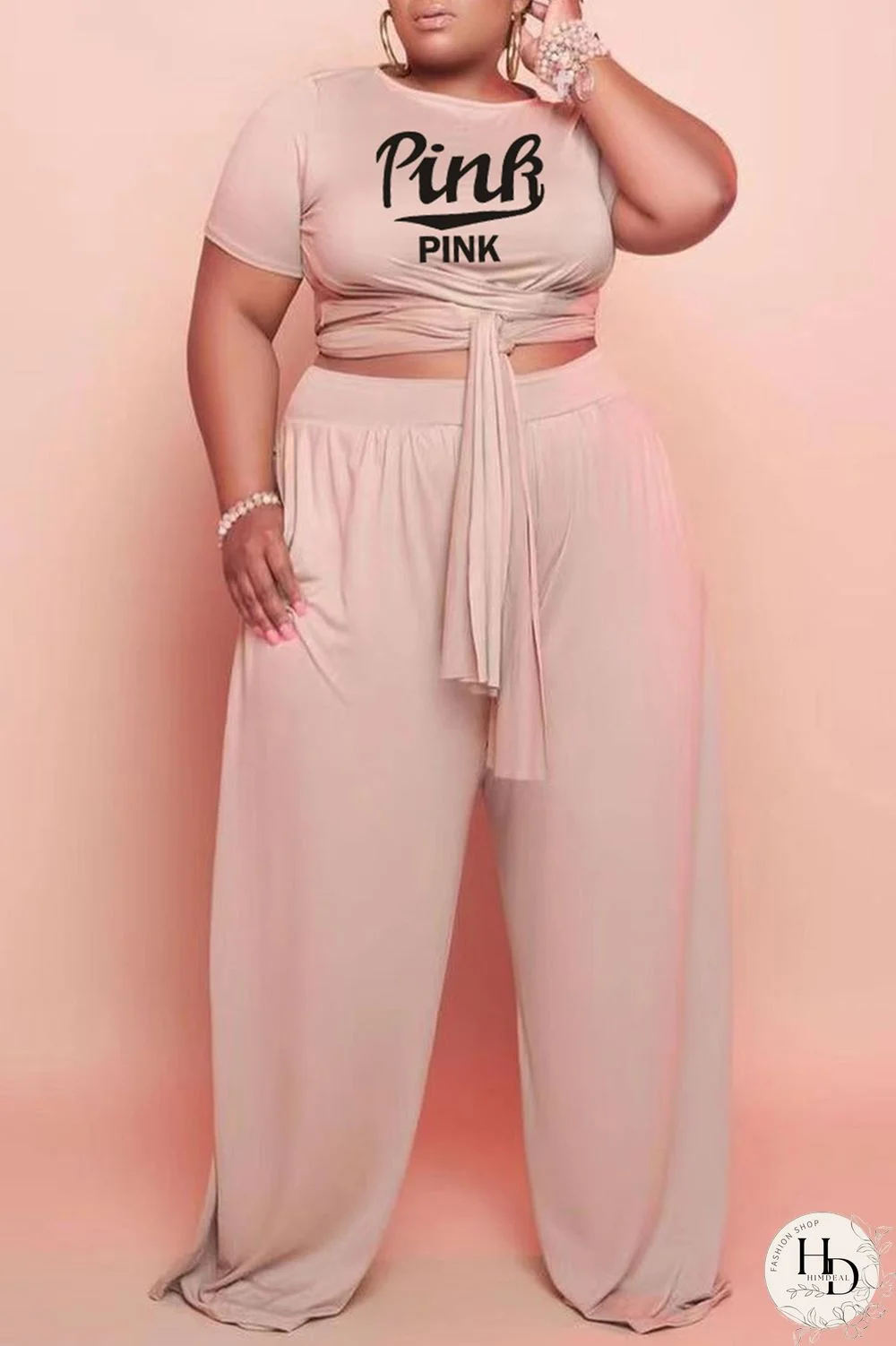 White Fashion Casual Letter Print Bandage O Neck Plus Size Two Pieces