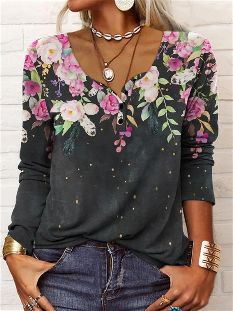 Spring Flowers Print Long Sleeve Button T-shirt