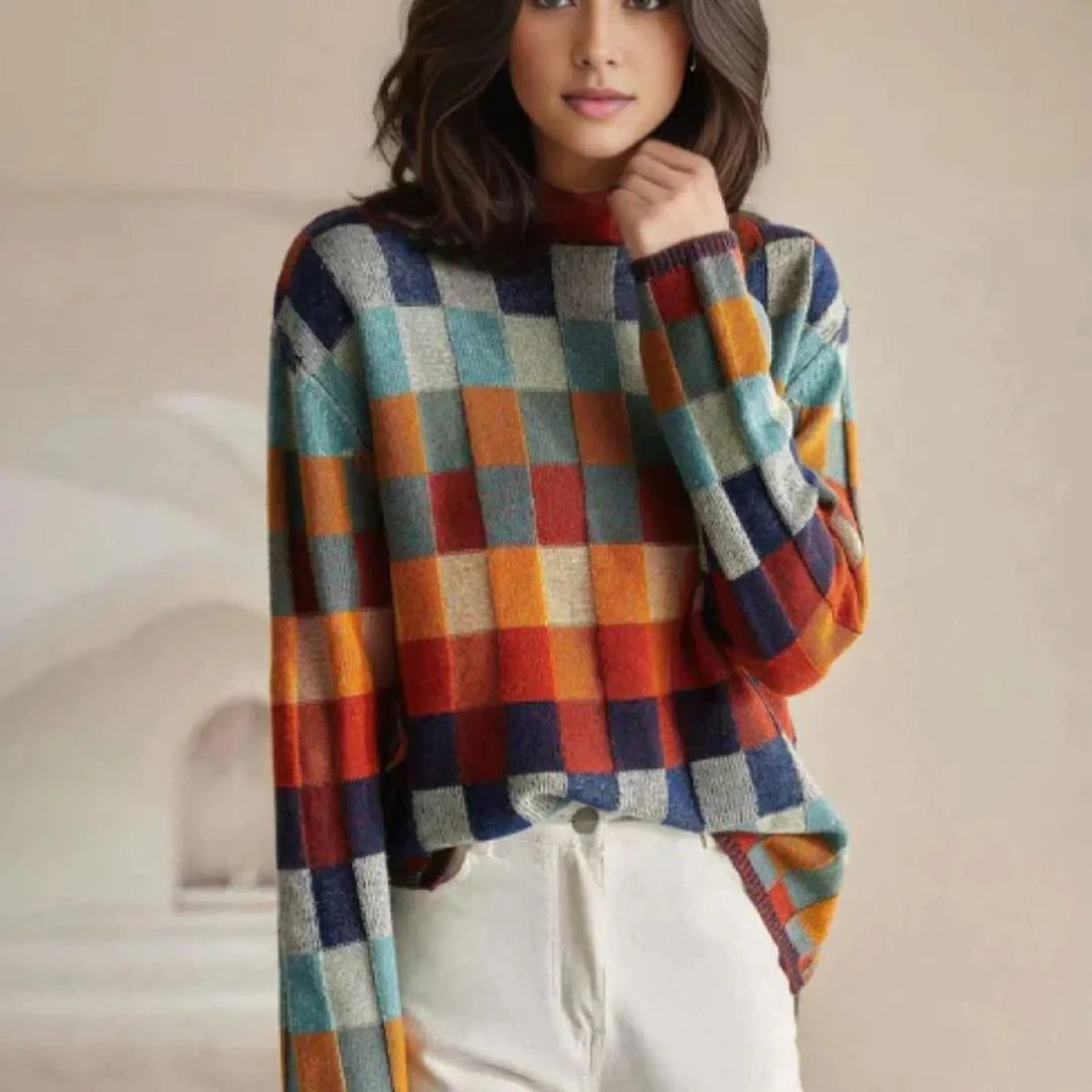 Women's Merino Wool Colour-Block Jumper &ndash; Mock Neck Knit