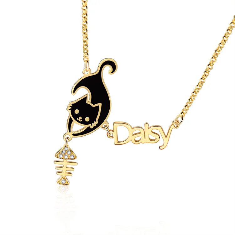 Personalized Black Cat Name Necklace with Fish Bone Pendant Gift for Her