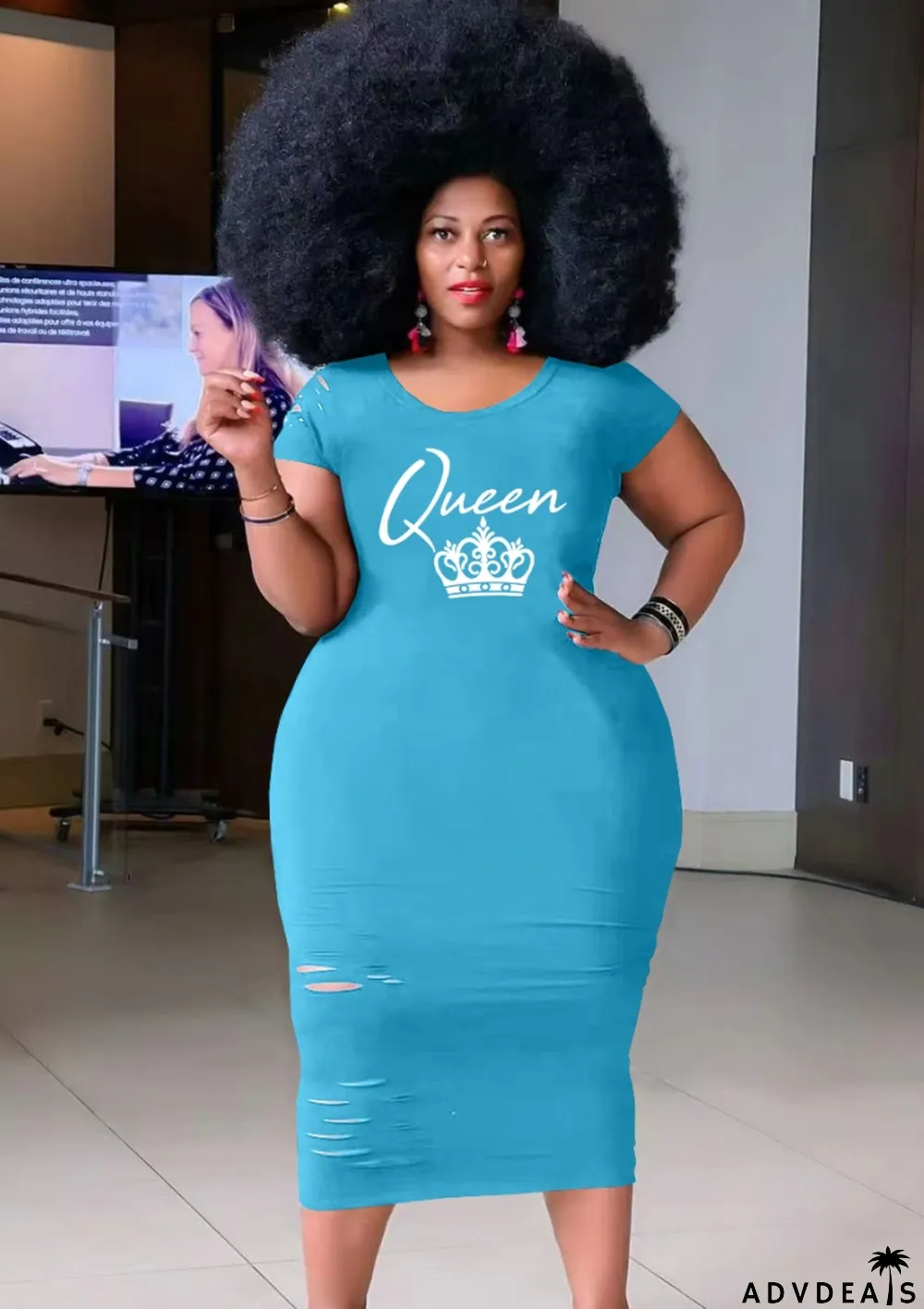 Women Summer Blue Casual O-Neck Short Sleeves Letter Print Midi Pencil Plus Size Shirt Dress