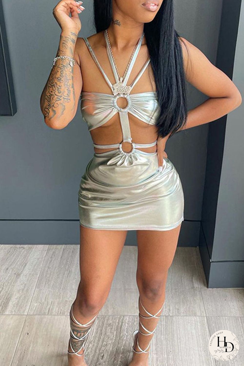 Silver Sexy Solid Hollowed Out Patchwork Pencil Skirt Dresses