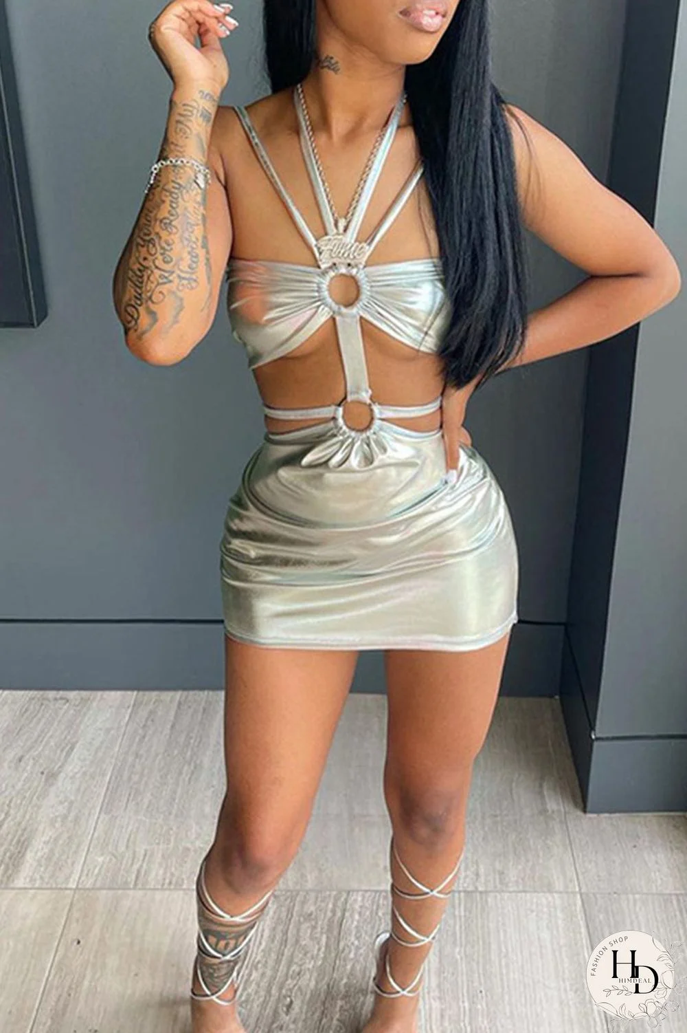 Silver Sexy Solid Hollowed Out Patchwork Pencil Skirt Dresses