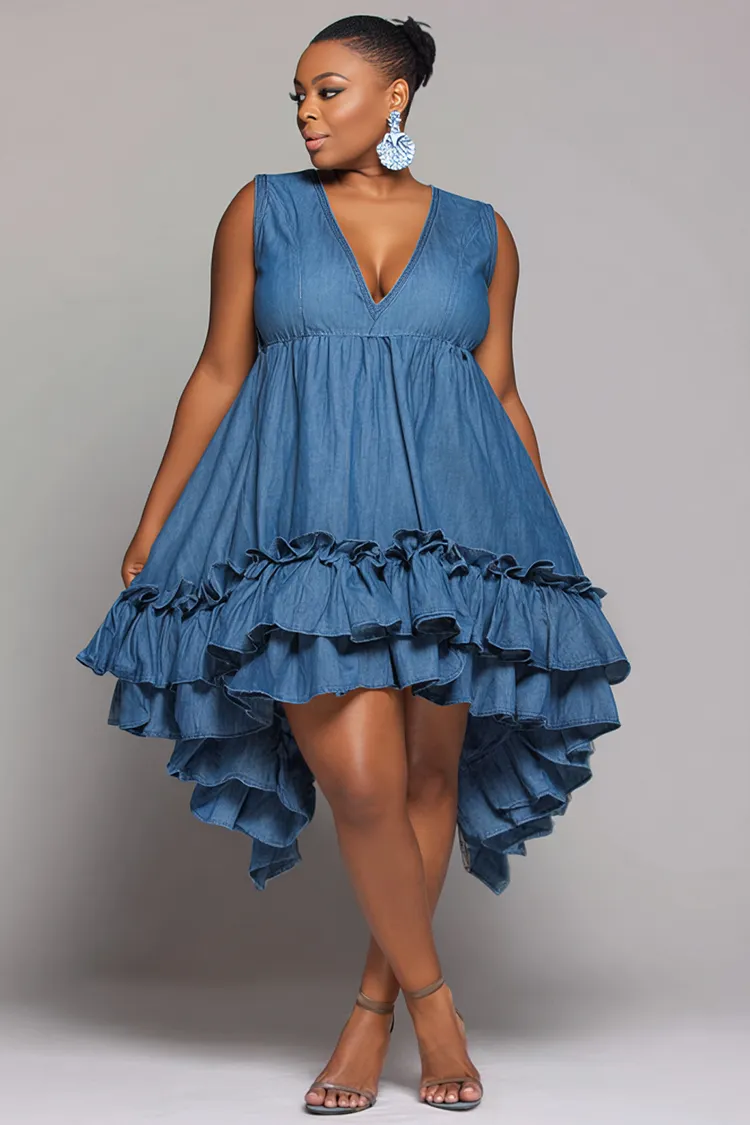 Xpluswear Design Plus Size Vacation Sundress Blue V Neck Ruffle Asymmetric Hem Tencel Denim Mini Dresses [Pre-Order] 2024 - Xpluswear
