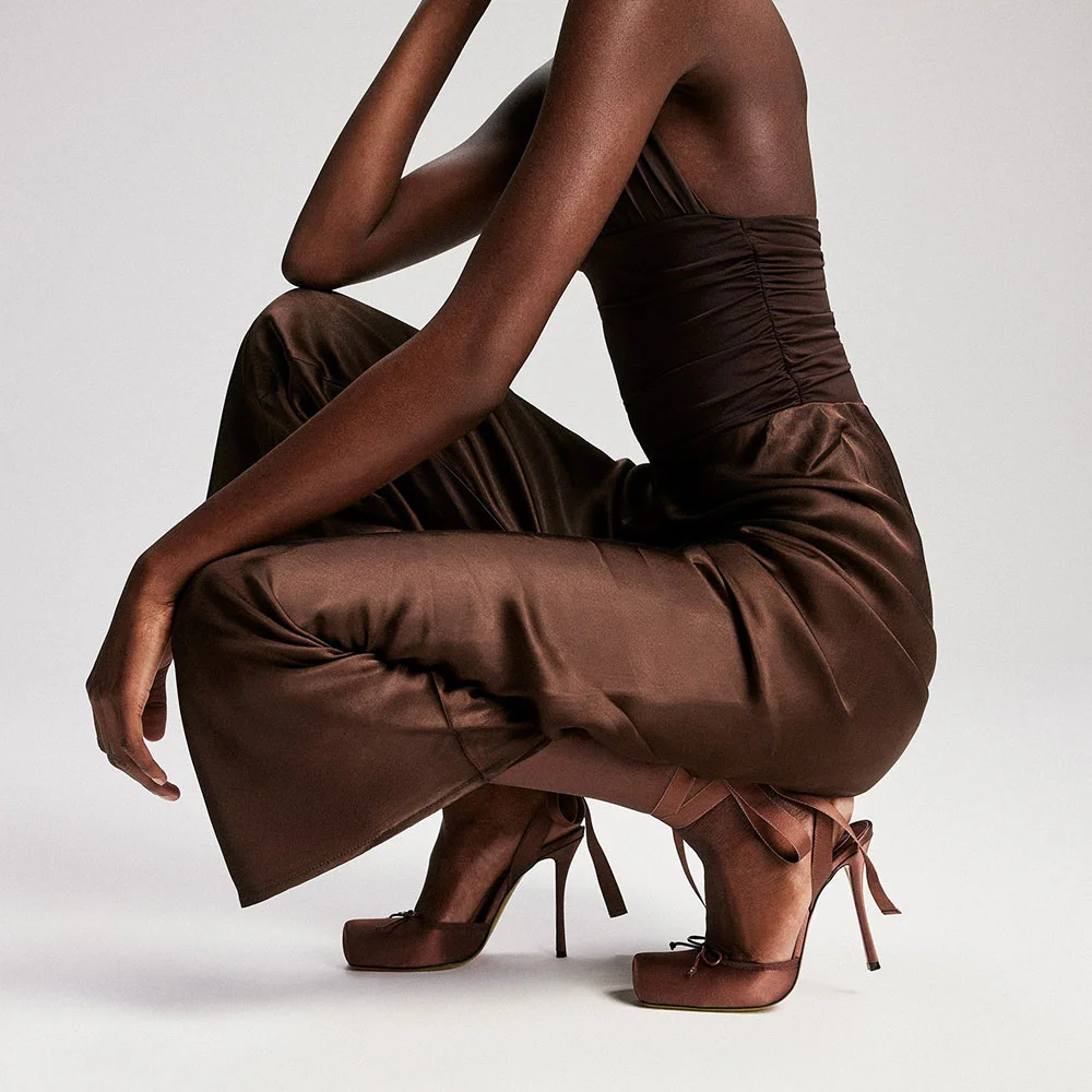 Brown Satin Square Toe Stiletto Heel Ballet Lace Up Pumps for Women