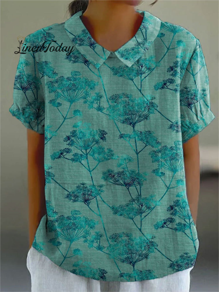 Women’s Vintage Flower Art Print Casual Cotton And Linen Shirt Multicolor / S