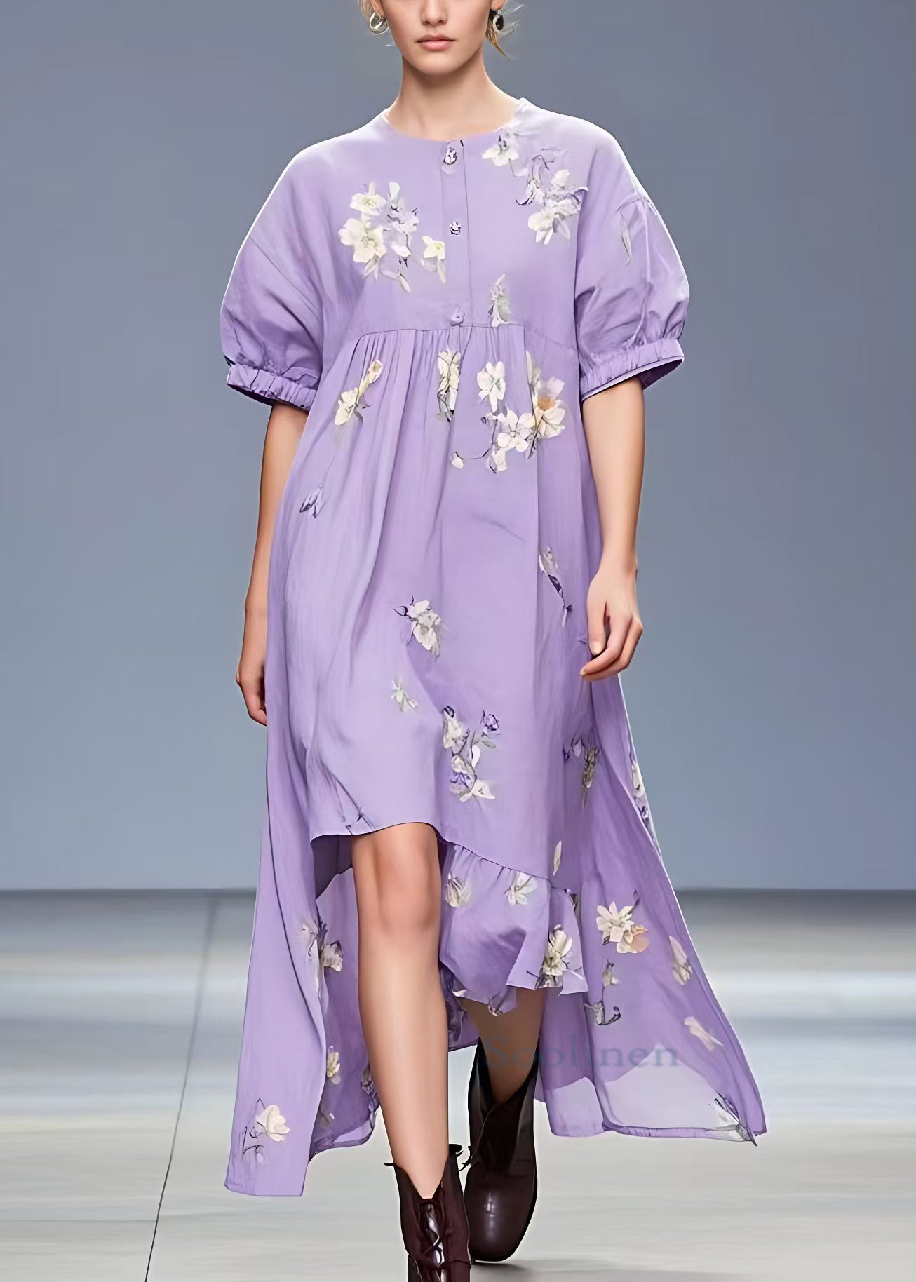 VCSHOES Purple Print Low High Design Cotton Dress Summer