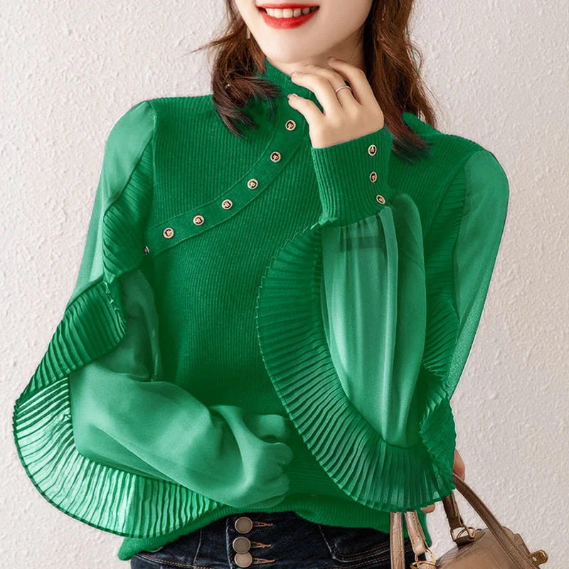 Fashion Ruffles Spliced Knit Blouse Women's Clothing 2022 Spring New Streetwear Casual Button Long Lantern Sleeve Shirt Female