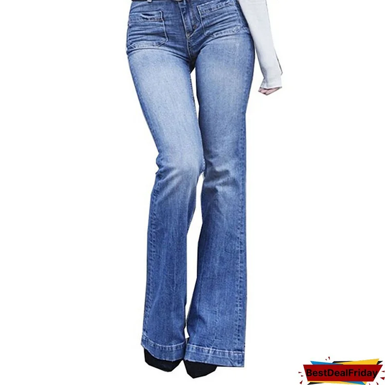 Women's Fashion High Waist Jeans Flares Casual Wide Leg Denim Jeans Woman Blue Long Pants Bell-Bottoms Plus Size