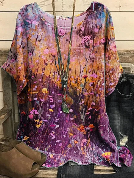 Ladies Elegant Flower Digital Printing Short Sleeve T-Shirt
