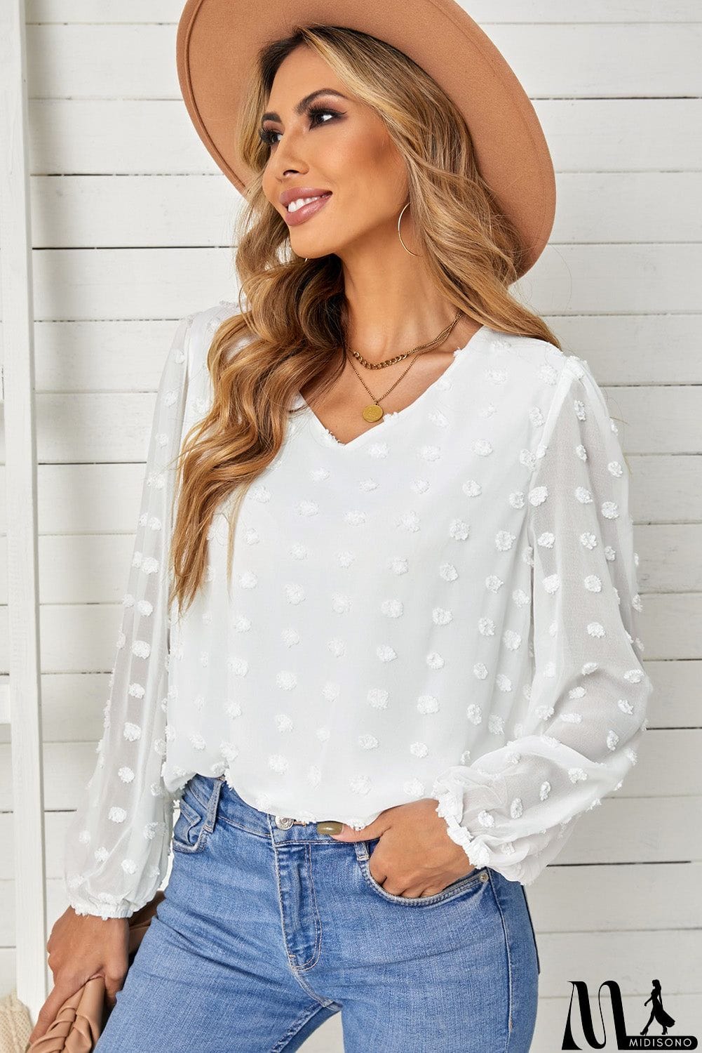 MidiSono - Swiss Dot Bubble Sleeve Blouse