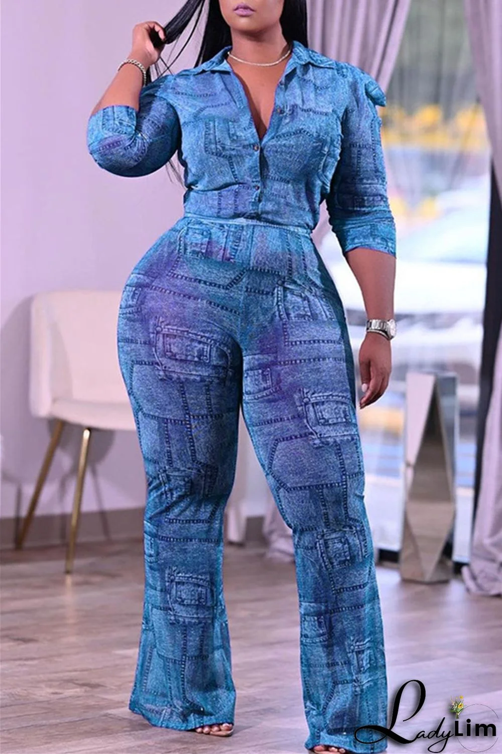 Light Blue Fashion Casual Print Patchwork Turndown Collar Plus Size Two Pieces