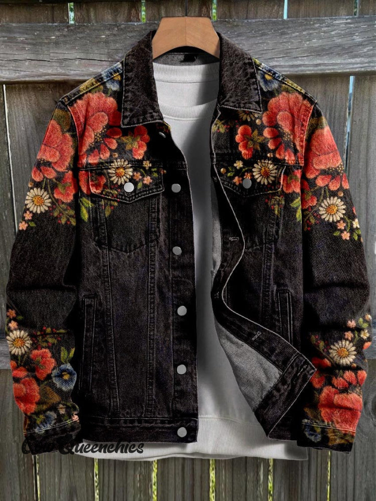 Vintage Black Flower Embroidery Art Print Casual Denim Jacket Multicolor / S