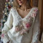 Elegant Pink Roses Beads Embroidered Cozy Knit Sweater - Image 2
