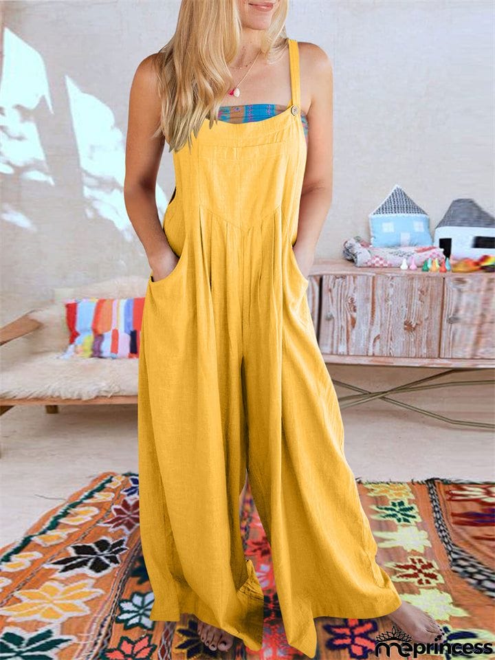 Summer Female Plus Size Solid Color Suspender Jumpsuits with Pockets