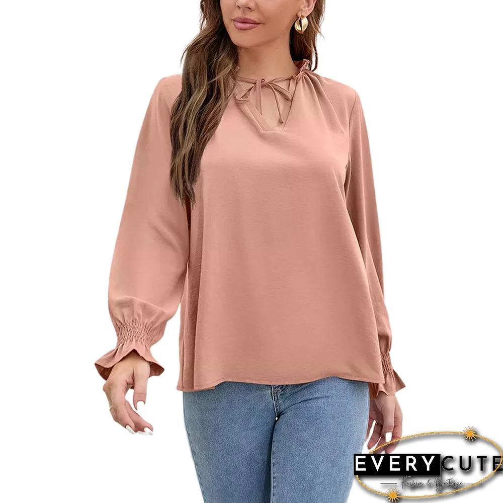 Pink Lace-up Ruffle Long Sleeve Chiffon Blouse