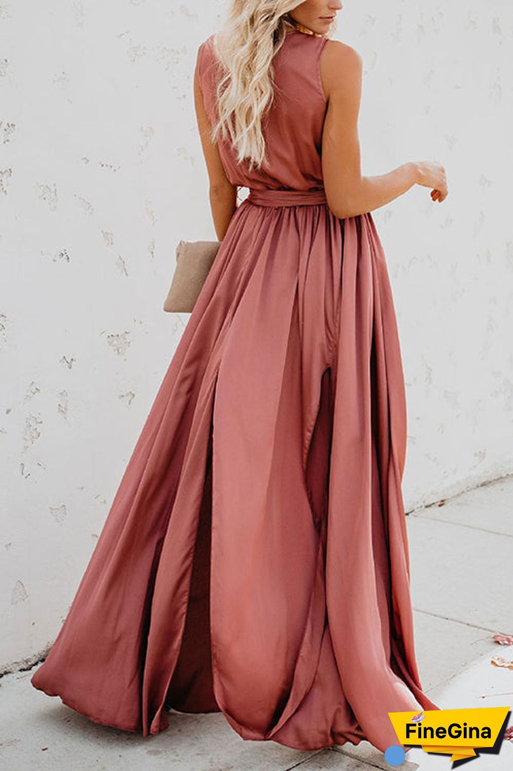 V Neck Sleeveless Slit Wrap Maxi Dress