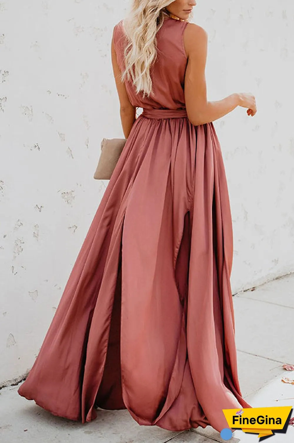 V Neck Sleeveless Slit Wrap Maxi Dress