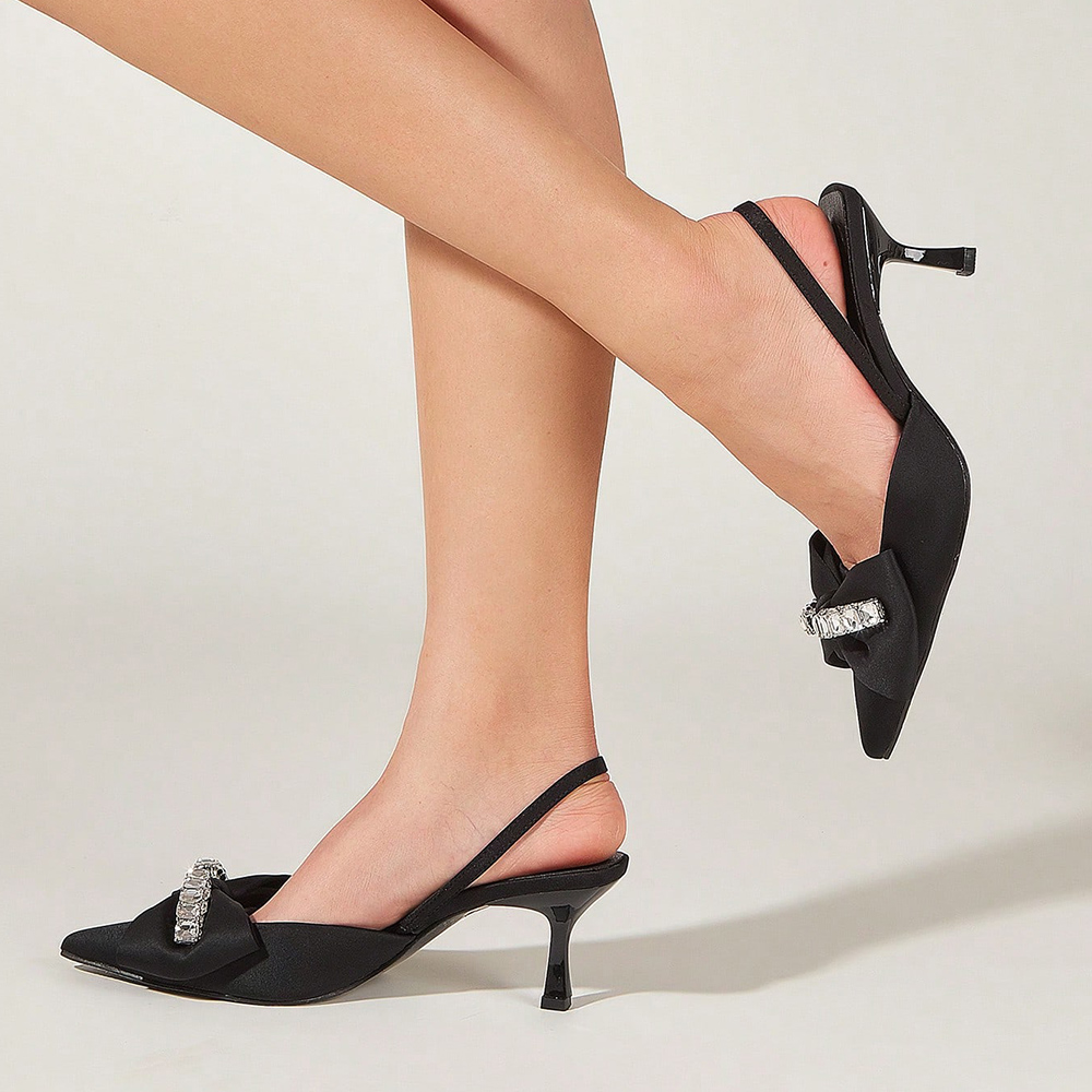 Black Satin Pointed Toe Kitten Heel Slingback Pumps with Bow Nicepairs