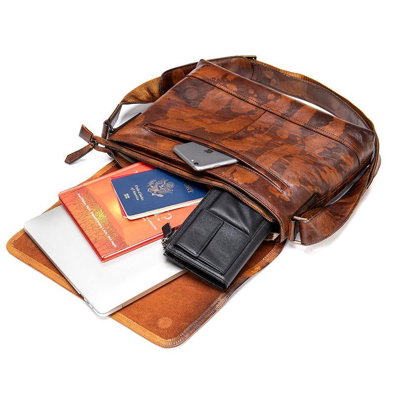 Mens Personality Style Chunky Soft Leather Vintage Messenger Bag Crossbody Bag Sling Shoulder Bag