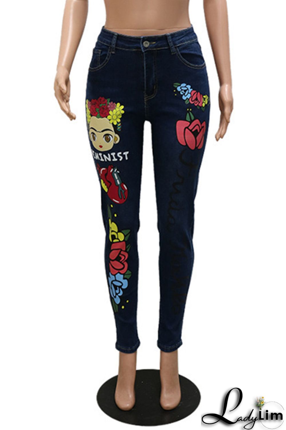 Deep Blue Fashion Casual Print Patchwork Mid Waist Skinny Denim Jeans