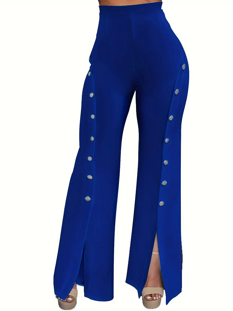 Women's Elegant High-Waist Flare Pants - Solid Color, Polyester Micro Elasticity Smooth Fabric, Spring & Summer Essentials | Regular Fit | Semi-Sheer