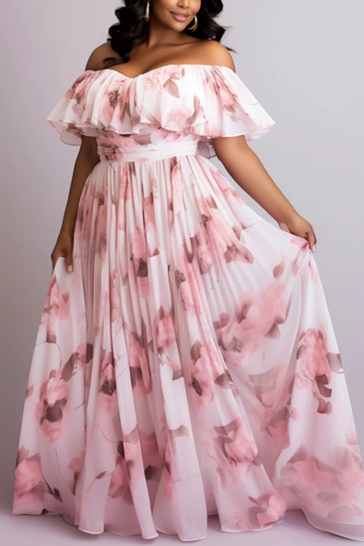 Xpluswear Design Plus Size Vacation Pink Casual Off The Shoulder Short Sleeve Tiered Ruffle Maxi Dresses [Pre-Order]
