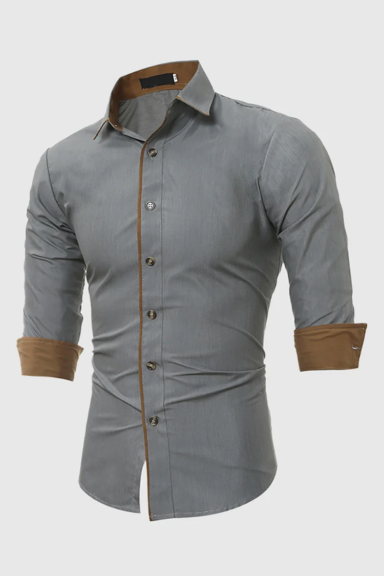 Tiboyz Men's Daily Lapel Contrast Casual Long Sleeve Shirt