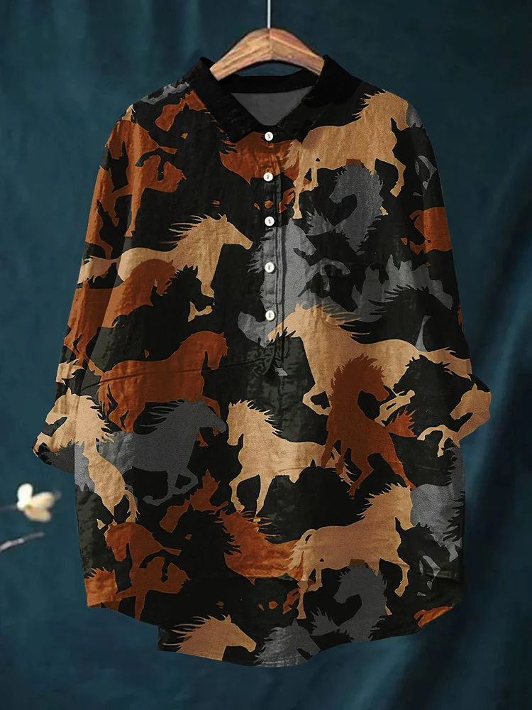Women's Horse Art Print Casual Cotton and Linen Top