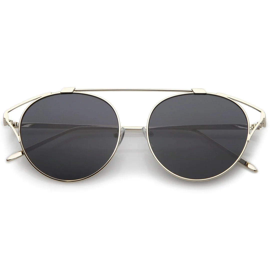 Oversize Open Metal Cat Eye Glasses With Crossbar Round Tinted Flat Lens 55mm