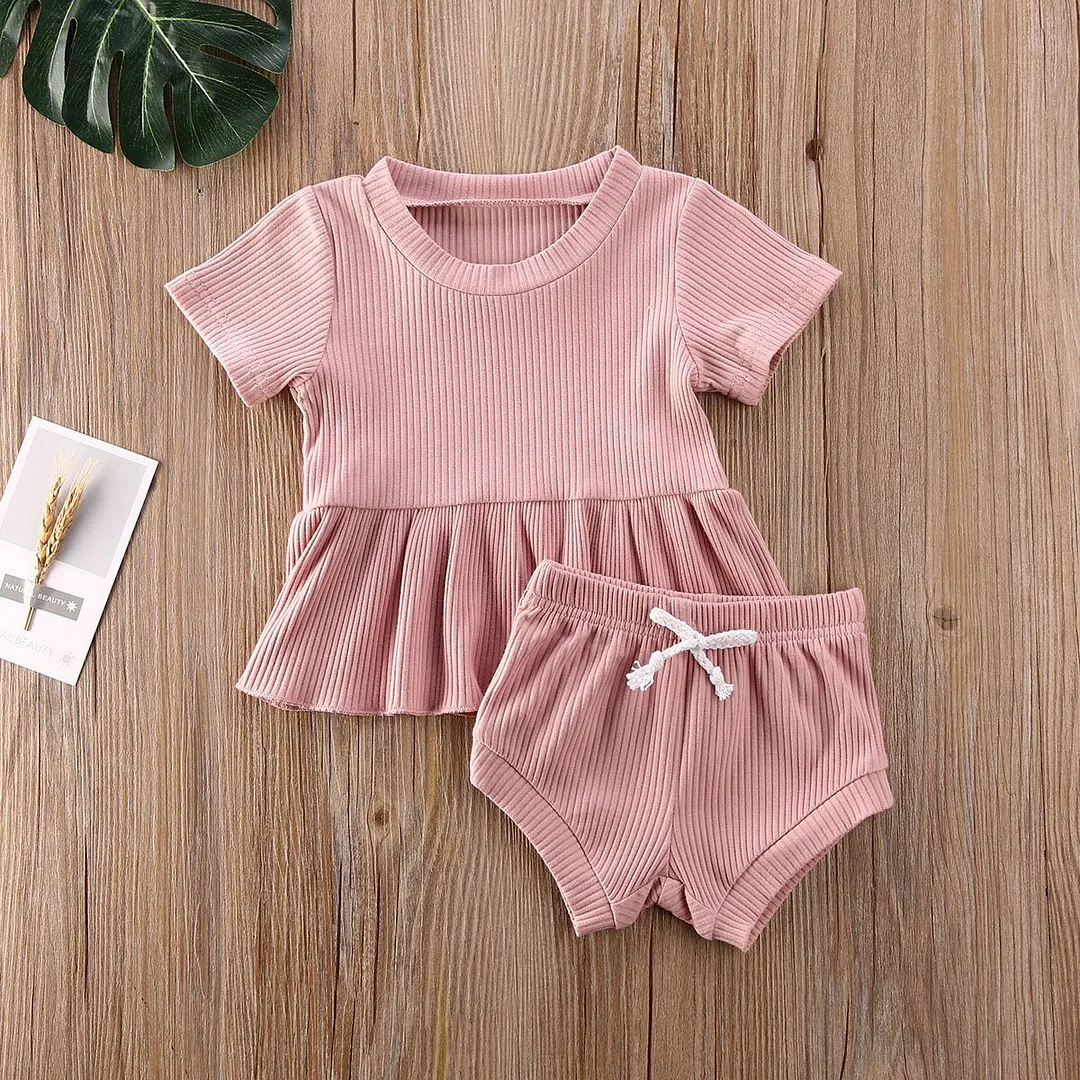 2020 Baby Summer Clothing Infant Newborn Baby Girls 2Pcs Set Ribbed Outfits Short Sleeve Shirt Dress Tops Shorts Bottoms Outfit