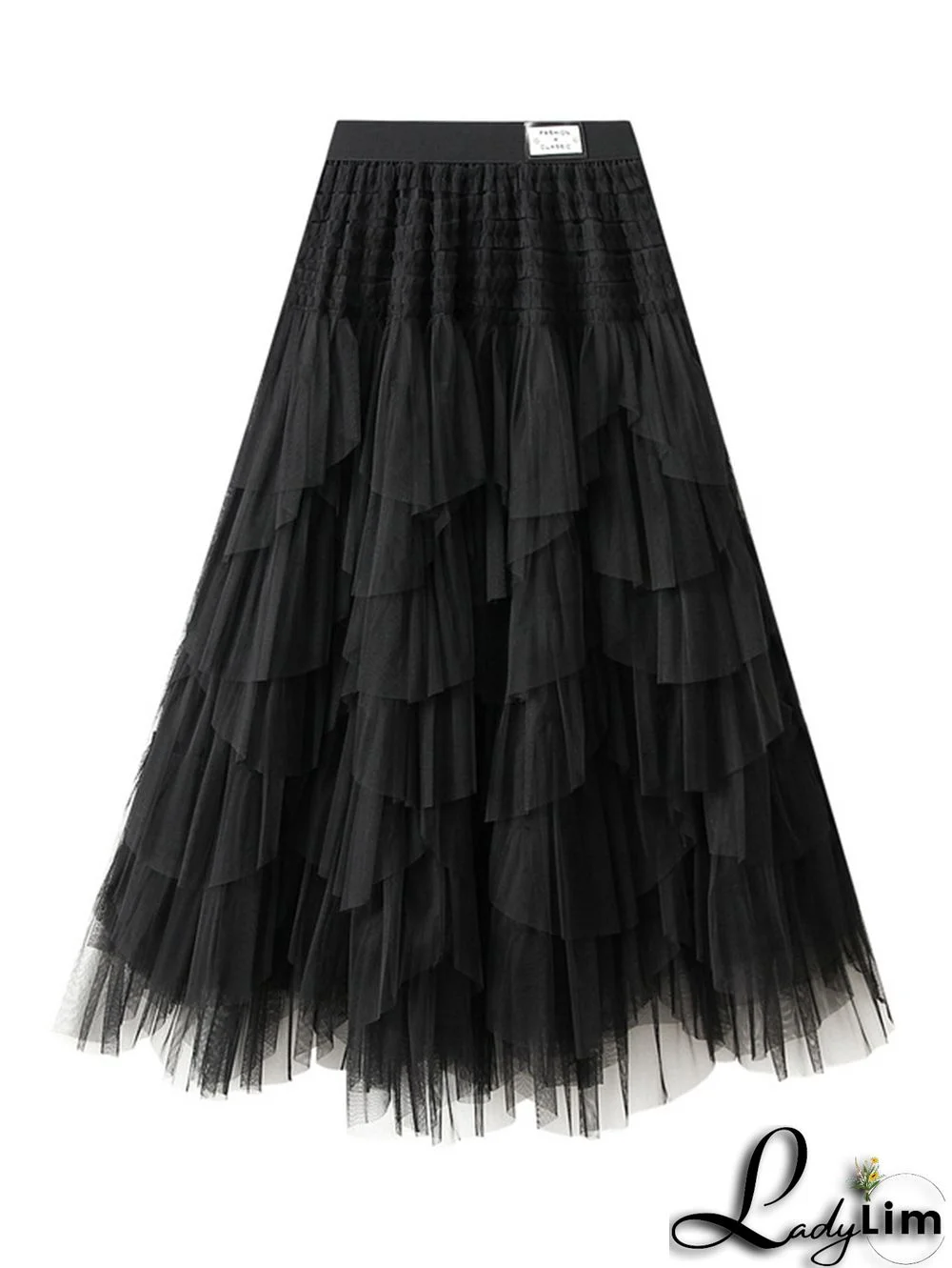 Elegant Solid Color Elastic Waist Puffy Tiered Skirt