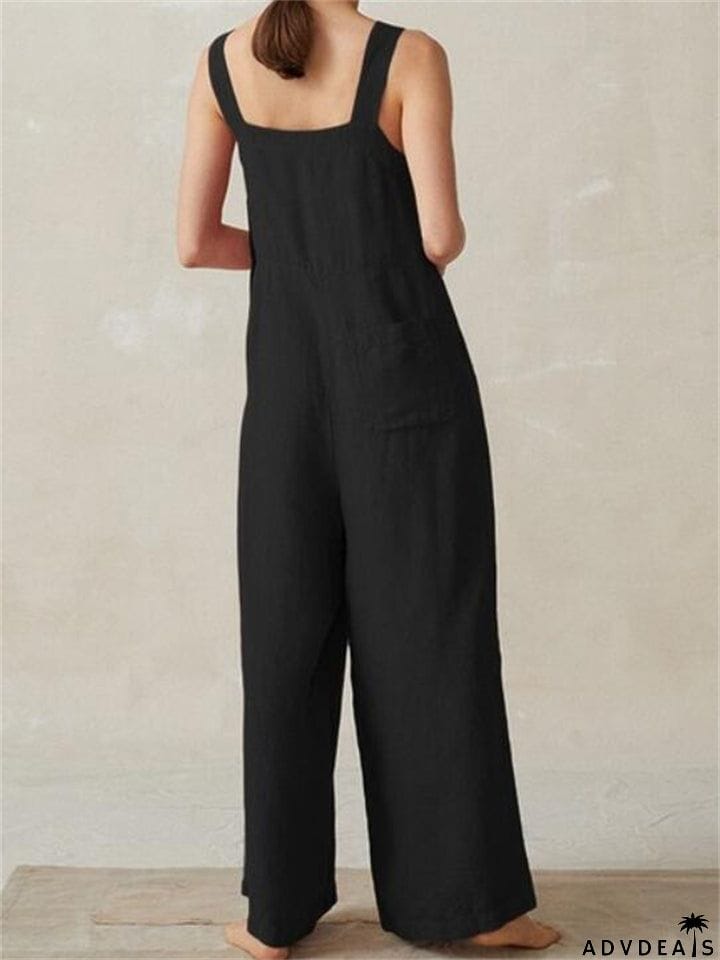 Loose Wide-Leg Side Buckle Design Cotton And Linen Pocket Strappy Jumpsuit