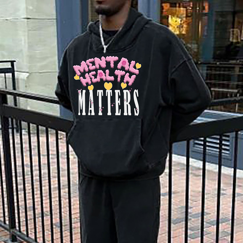 Mental Health Matters Print Casual Washed Hoodie