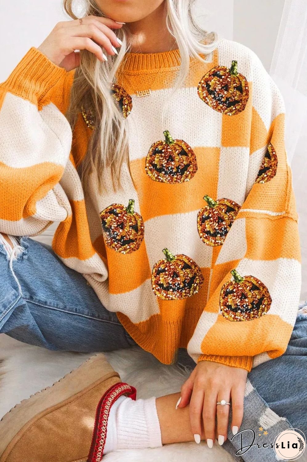 Pumpkin Checkered Round Neck Long Sleeve Sweater
