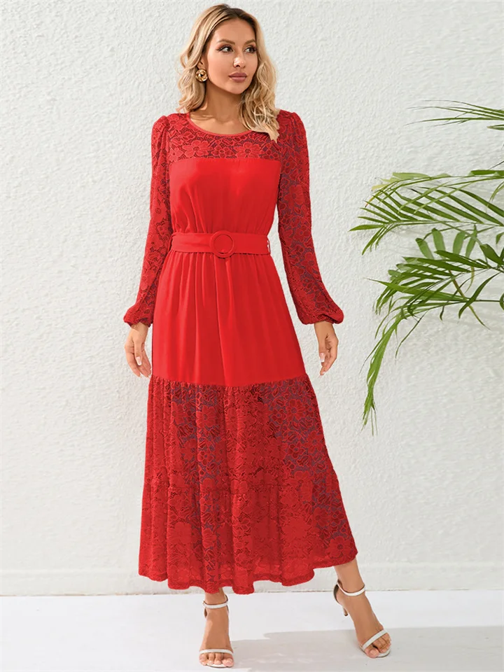 Autumn Large Size Slim Temperament Sexy Lace Dress French Lace See-through Mid-length Dresses for Women