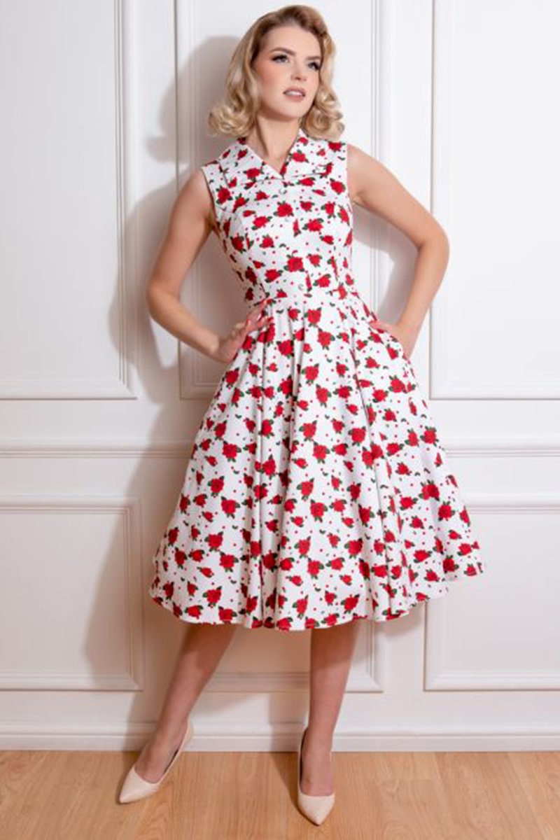 1950s White Formal Red Rose Corset Side Pocket Polka Dot Bell Midi Dress [Pre-Order]