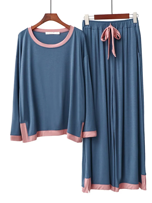 Long Sleeves Roomy Contrast Color Round-Neck Two Pieces Pajama Set