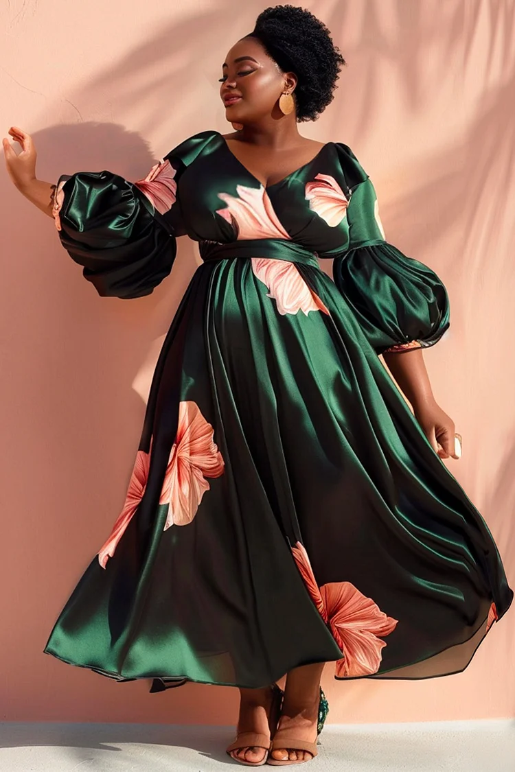 Xpluswear Design Plus Size Vacation Elegant Green Floral V Neck Lantern Sleeve Satin Maxi Dresses [Pre-Order]