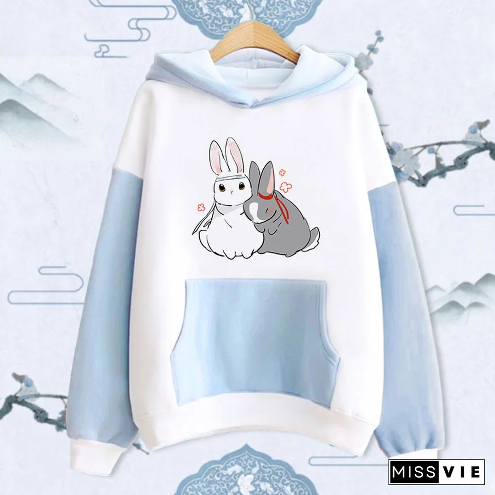 Cute Rabbit Print Pocket Hoodie