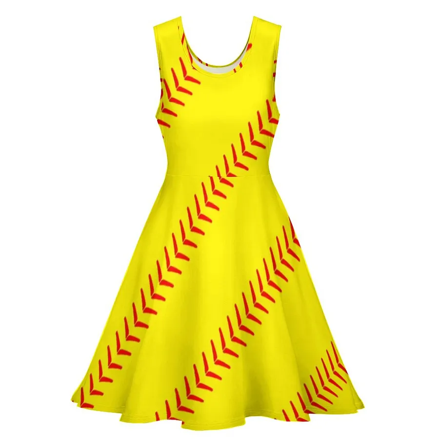 neon yellow skater dress Bright Yellow Fastpitch Softball Stitches Seams Sleeveless Mini Skater  Dresses