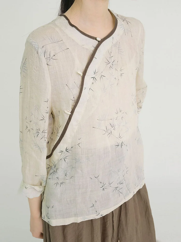 Women Artsy Leaf Summer Button Spliced Ramie Shirt