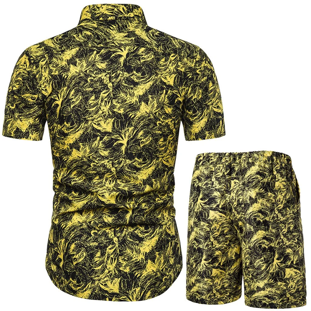 2021 Summer New Men's Casual Suit Korean Slim Short Sleeve Shirt Shorts Mens Beach Suit 2 Piece Set